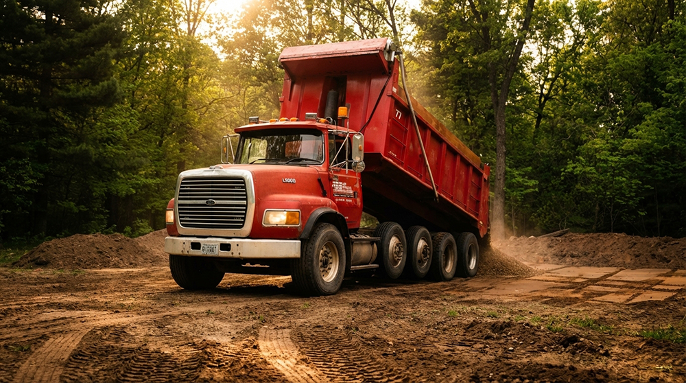 Dump truck delivering gravel for driveway resurfacing