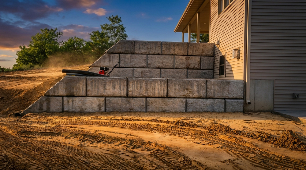 Stone retaining wall construction and excavation